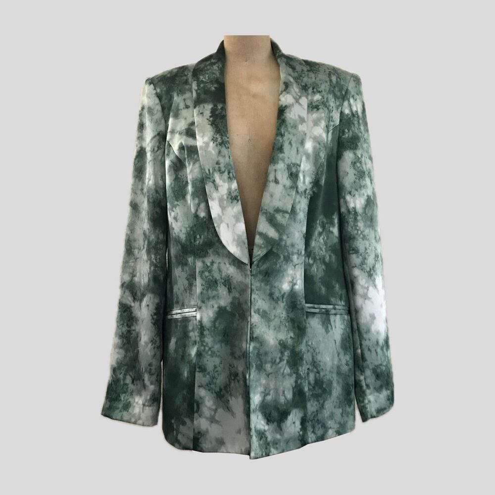 INC Green Watercolor Satin Long Sleeve Chic Tuxedo Jacket Blazer Women's Size M